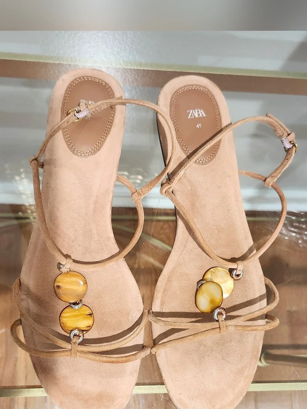 Zara Tan Suede Beaded T-Strap Sandals - Picture 3 of 4
